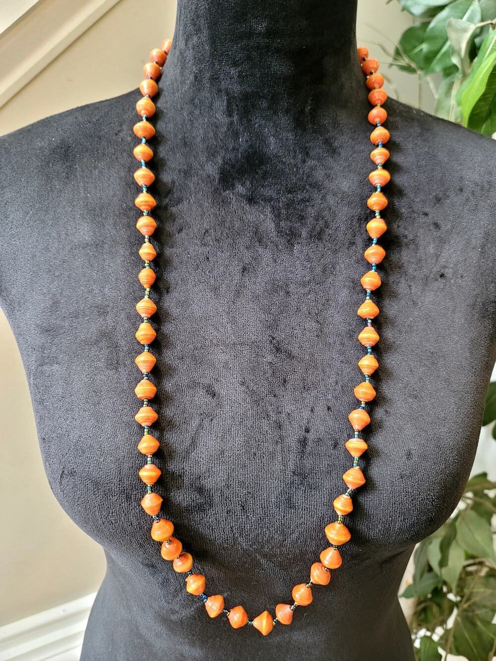 Orange Beaded Long Strand Necklace Faceted Boho Southwestern Statement Jewelry